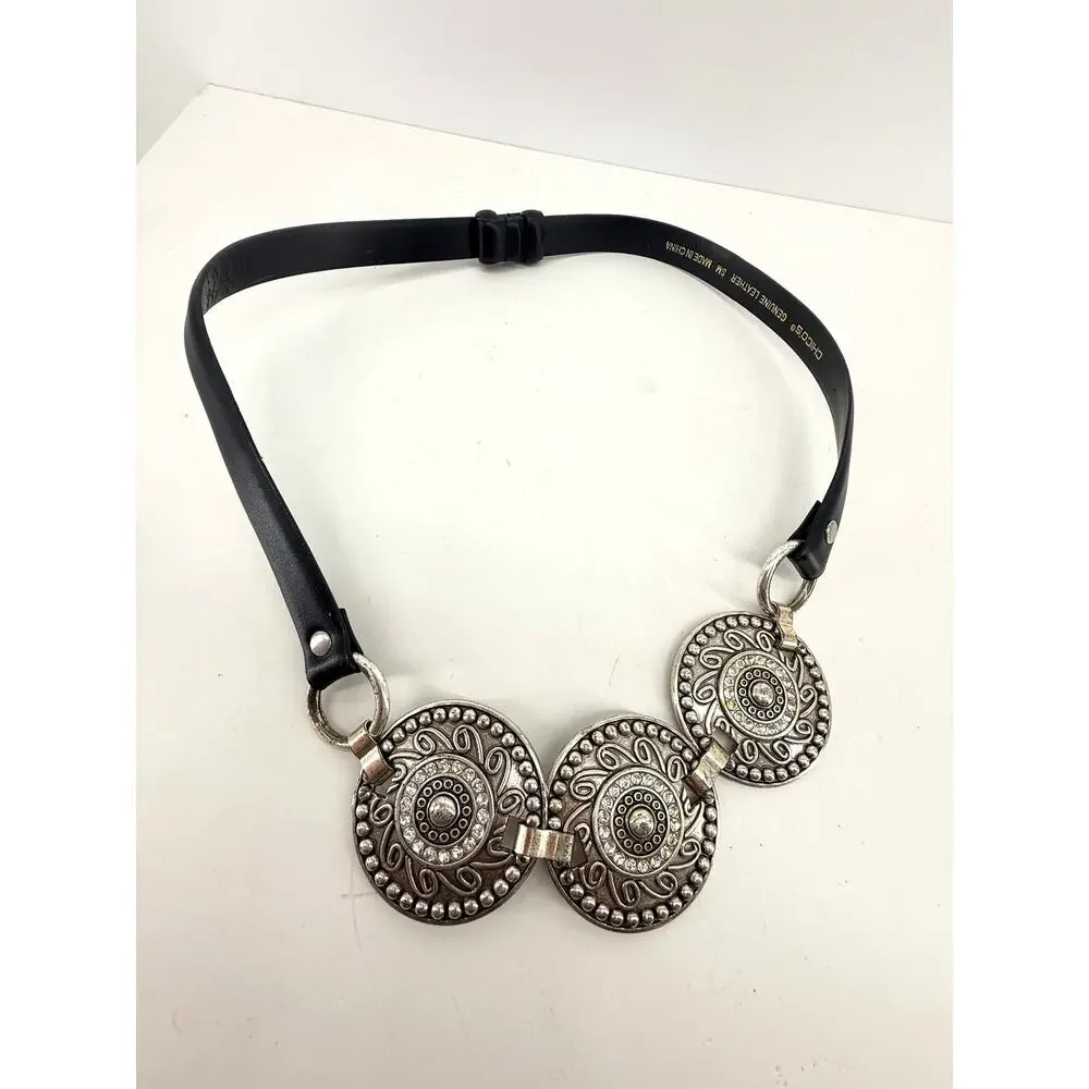 Chicos Silver Medallion Rhinestone Statement Belt Black Leather Boho Size S M